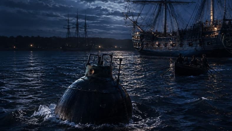 Artist impression of the Revolutionary War Turtle submarine in water.