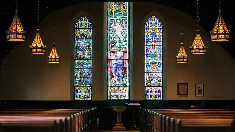 stained glass windows and pews / uncommon religious relics