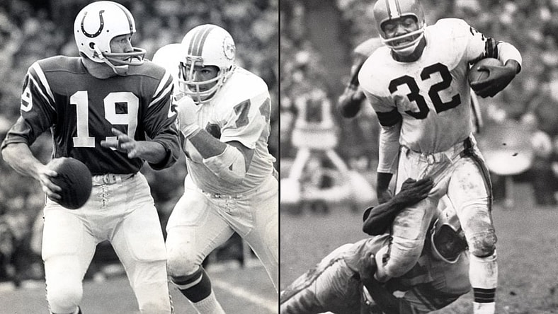 Left: Nov 1, 1970; Baltimore, MD, USA; FILE PHOTO; Baltimore Colts quarterback Johnny Unitas (19) in action against Miami Dolphins defensive tackle John Richardson (74) at Memorial Stadium. / Right: Unknown date and location; Cleveland Browns running back Jim Brown runs against the Detroit Lions. Brown rushed for a NFL record 12,312 yards over his nine hall of fame seasons in which he never missed a game. Brown retired at the age of 30 and went to the Pro Bowl all nine years he was in the league. / mile high auction / mile high card company