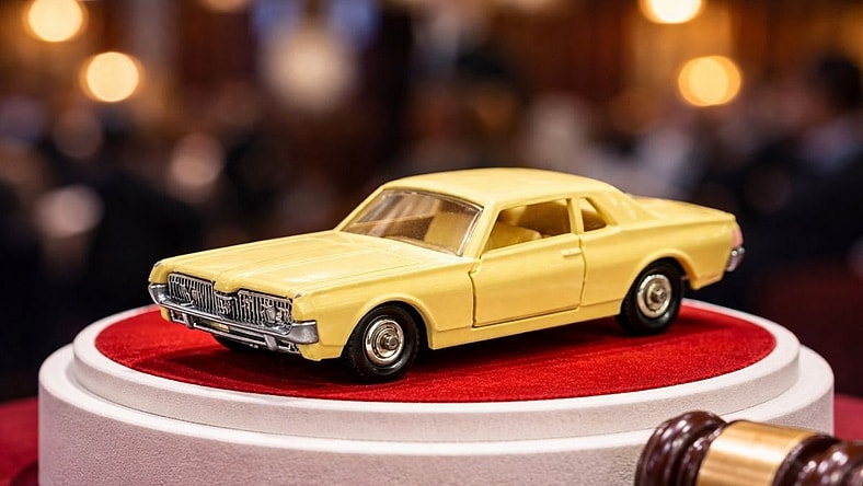 Matchbox car on pedestal, next to auction hammer.