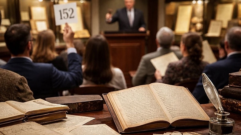 People bidding in auction filled with books and manuscripts.