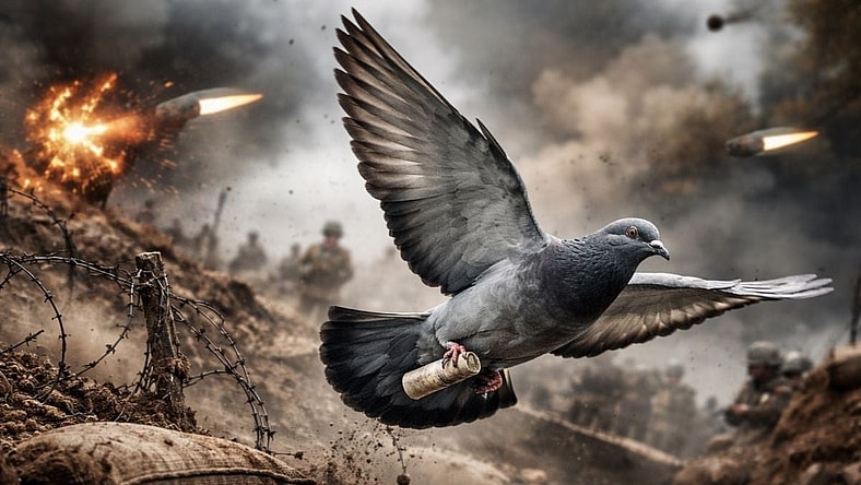 Artist impression of a carrier pigeon in World War 1.