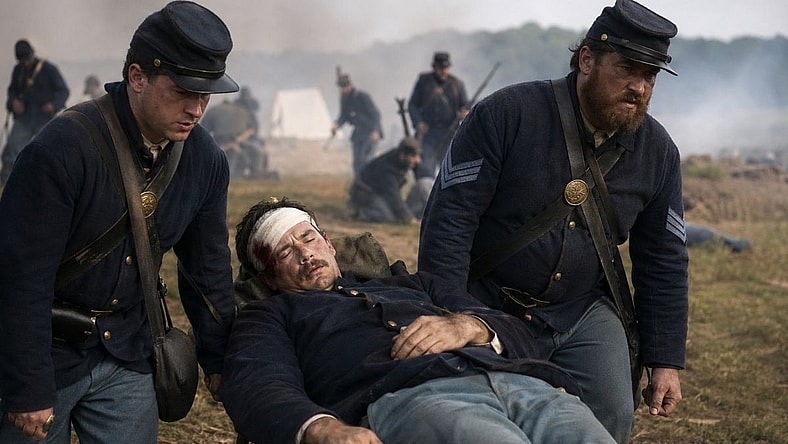 Artists Impression: A Civil War era soldier on a stretcher.