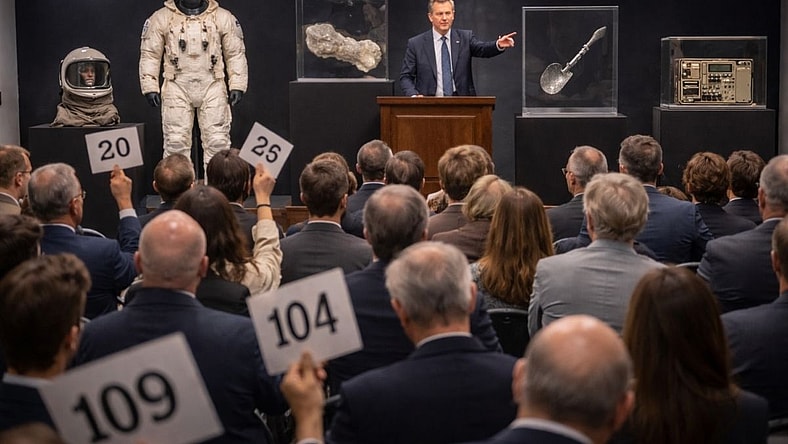 Artist impression of an auction room with space artifacts for sale.