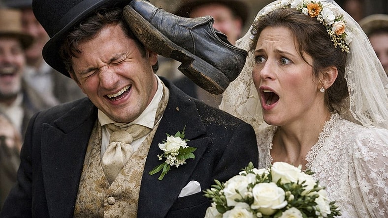 Shoe thrown at groom during Victorian-era wedding (artists impression only)