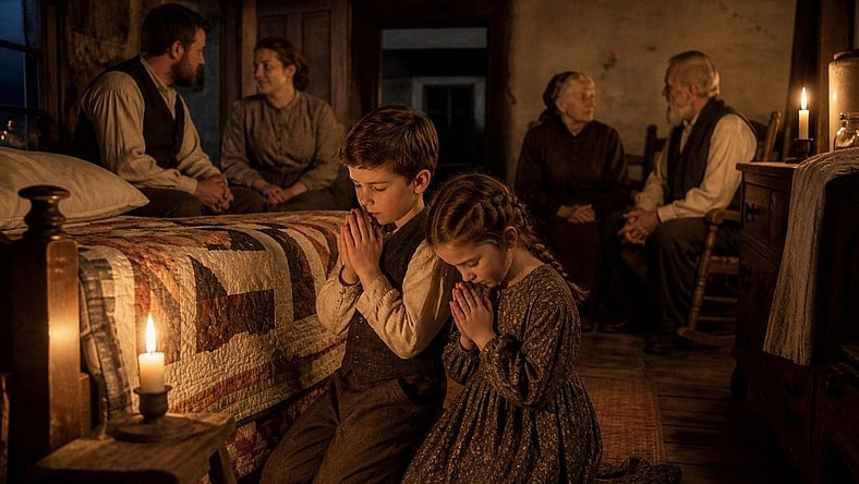 Children praying, adults conversing in candle light (1800s)