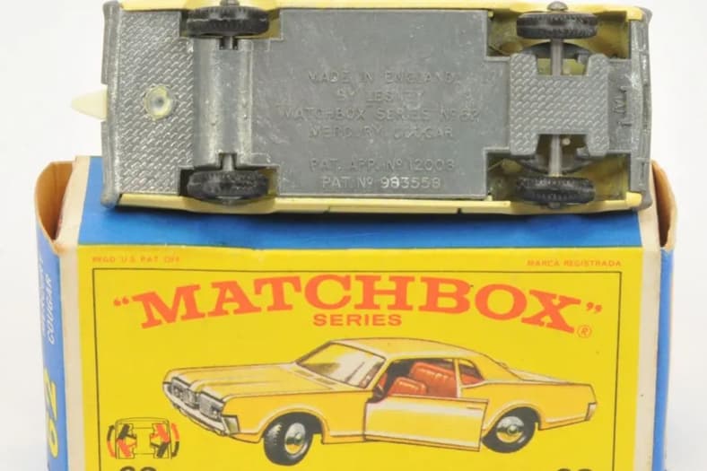 Record-breaking Matchbox car sold at auction. Underside and box. 