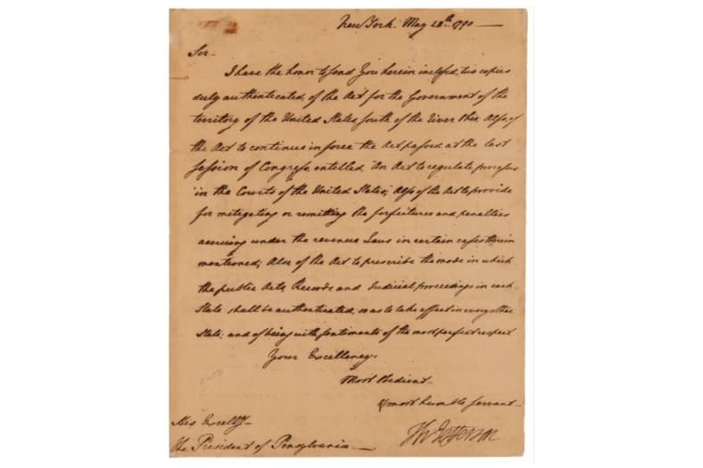 Thomas Jefferson Letter Signed as Secretary of State, Forwarding Thomas Mifflin Legislation Allowing Slavery in Tennessee Territory