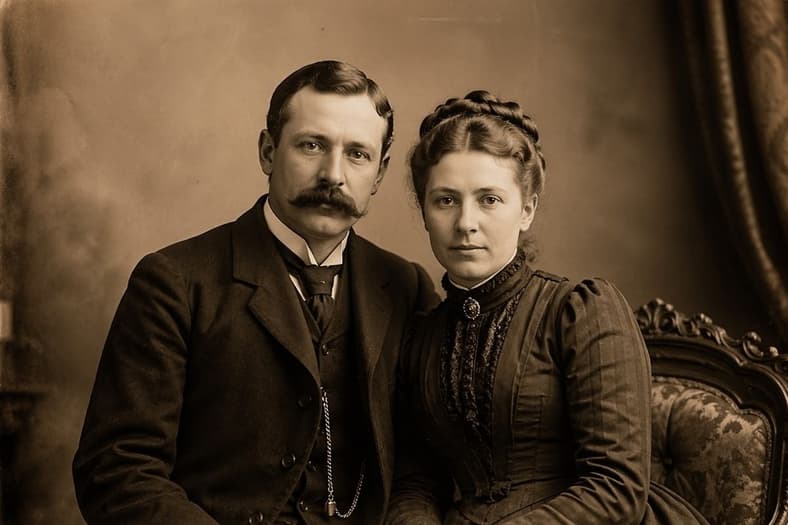 Artist Impression: Married couple sitting on char for photograph. 