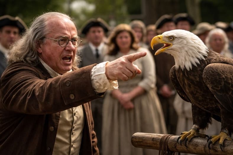 Artist impression: Benjamin Franklin taking out his issues on an eagle.