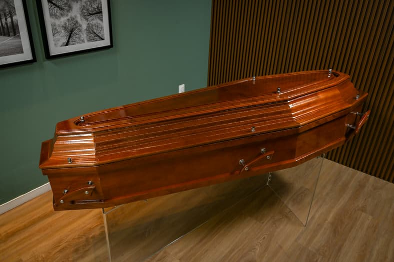 coffin on display stand