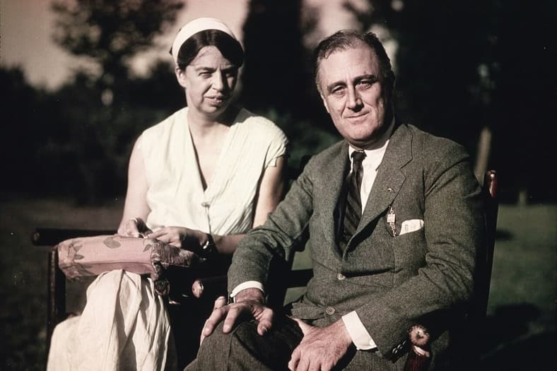 Franklin and Eleanor Roosevelt seated.