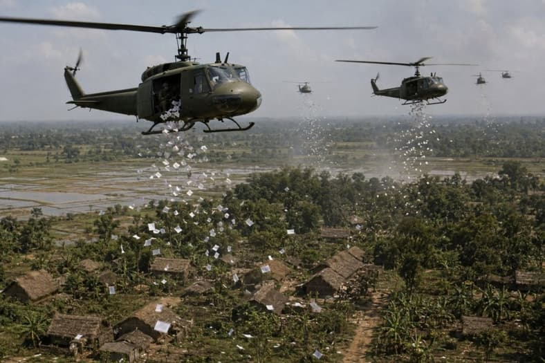 Artist impression of a leaflet drop from helicopters over a jungle village.