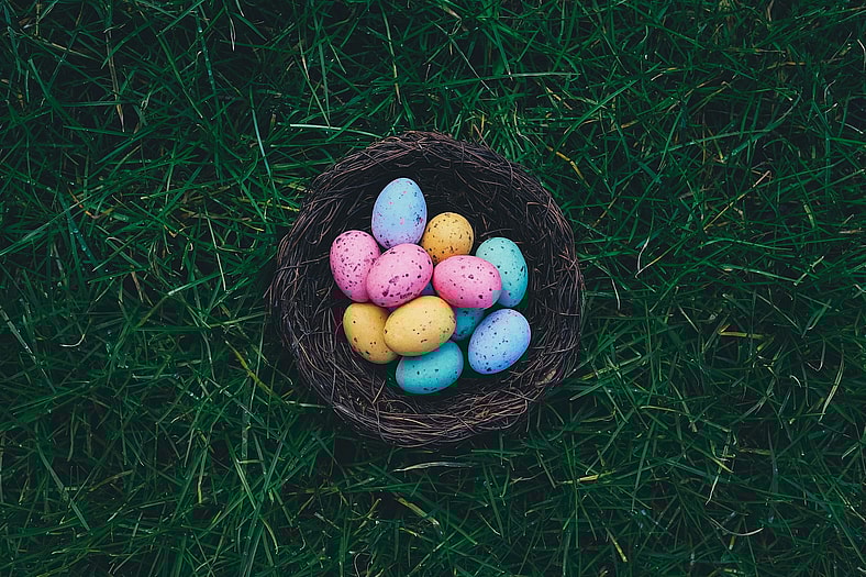 colored eggs in basket