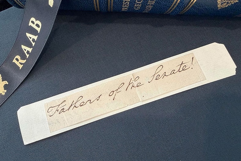 The George Washington fragment reading "Fathers of the Senate!". 