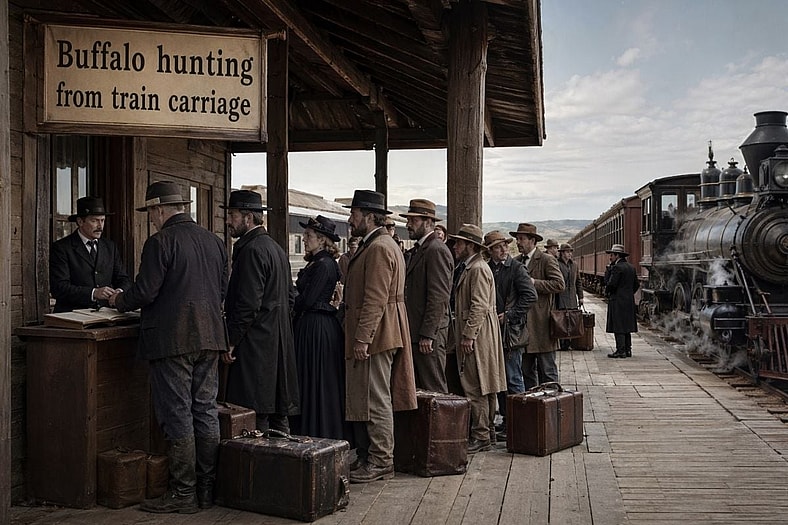 Artist Impression: A queue of people waiting to buy tickets for a buffalo hunting train journey. 