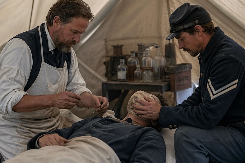 Artists Impression: Civil War era soldier getting pain relief before surgery.