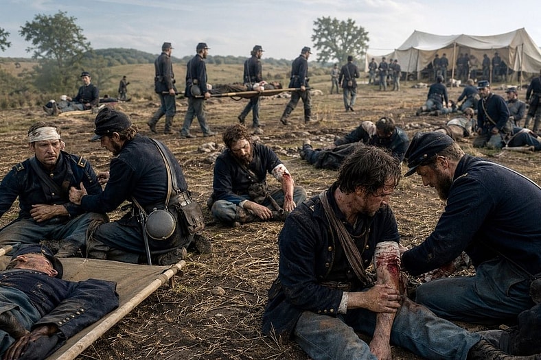 Artists Impression: Civil War era soldiers being split across triage and field hospital treatment. 