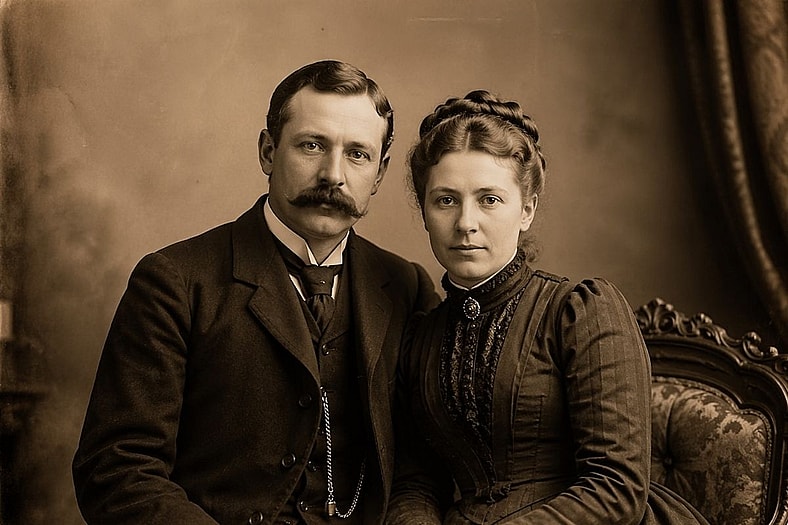 Artist Impression: Married couple sitting on char for photograph. 