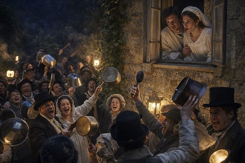 Disturbed wedded couple by noise outside bedroom (artists impression only). 