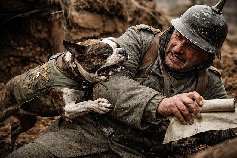 Artist impression of a dog tackling and guarding a German spy during war time.