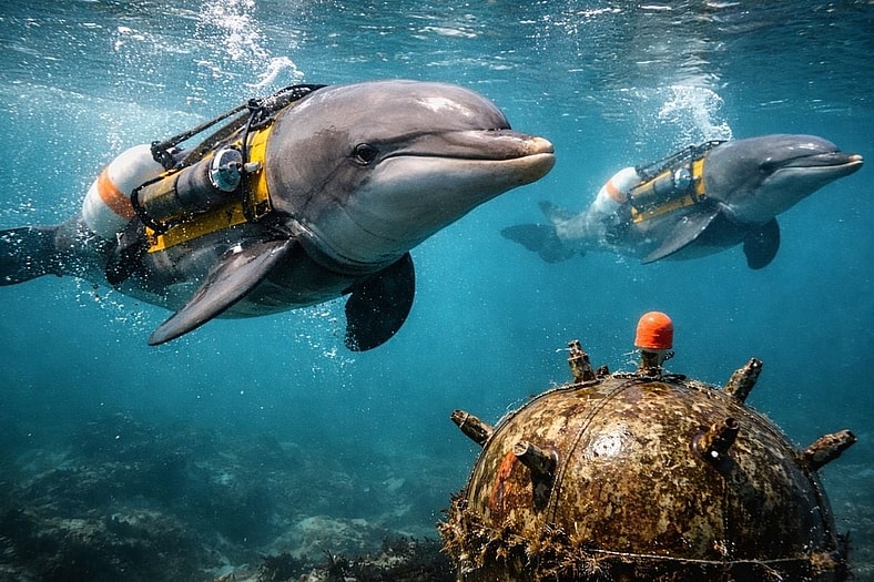 Artist impression of dolphins detecting mines.