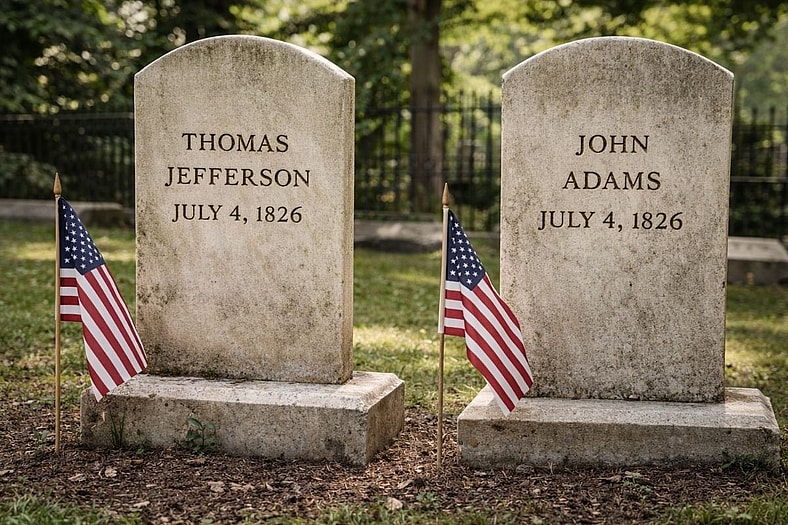 Artist Impression: Thomas Jefferson and John Adams gravestones showing same date. 