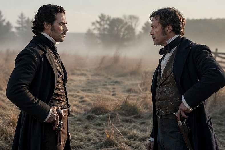 Artists Impression: Two people preparing to duel.