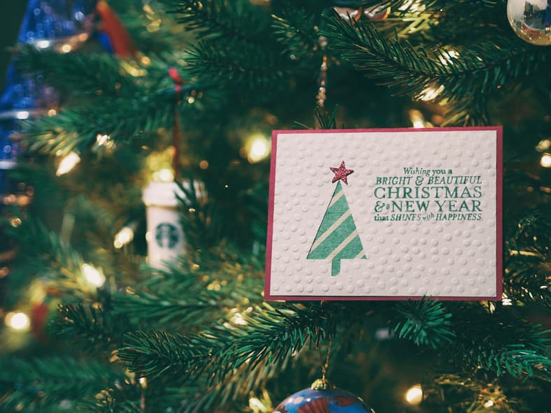 christmas card on tree