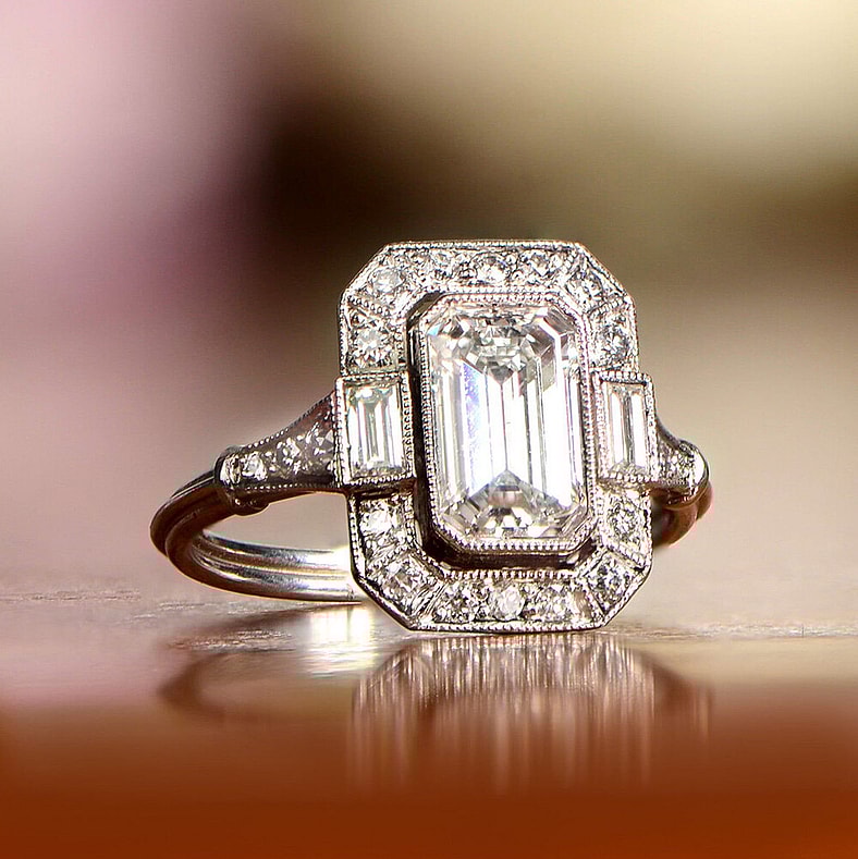 emerald white diamond art deco ring