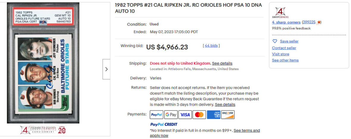 1982 TOPPS #21 Cal Ripken Jr. RC Orioles HoF PSA 10 DNA AUTO 10