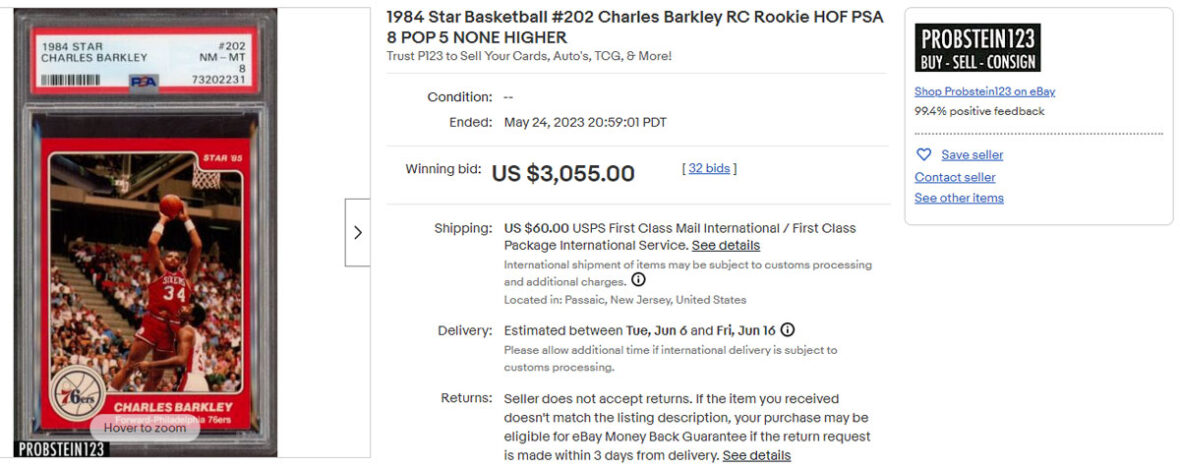 1984 Star Basketball #202 Charles Barkley RC Rookie HOF PSA 8 -- Top 25 Highest-Selling Basketball Cards from the Junk Wax Era on eBay