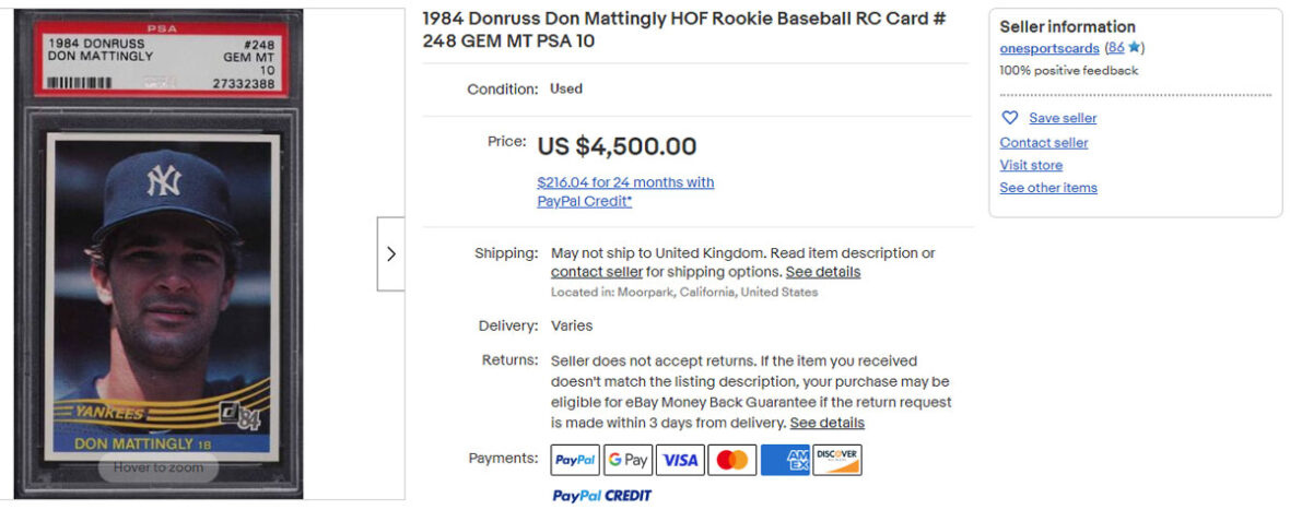 984 Donruss Don Mattingly HOF Rookie Baseball RC Card # 248 GEM MT PSA 10