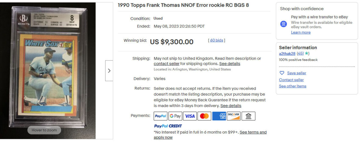 1990 Topps Frank Thomas NNOF Error rookie RC BGS 8