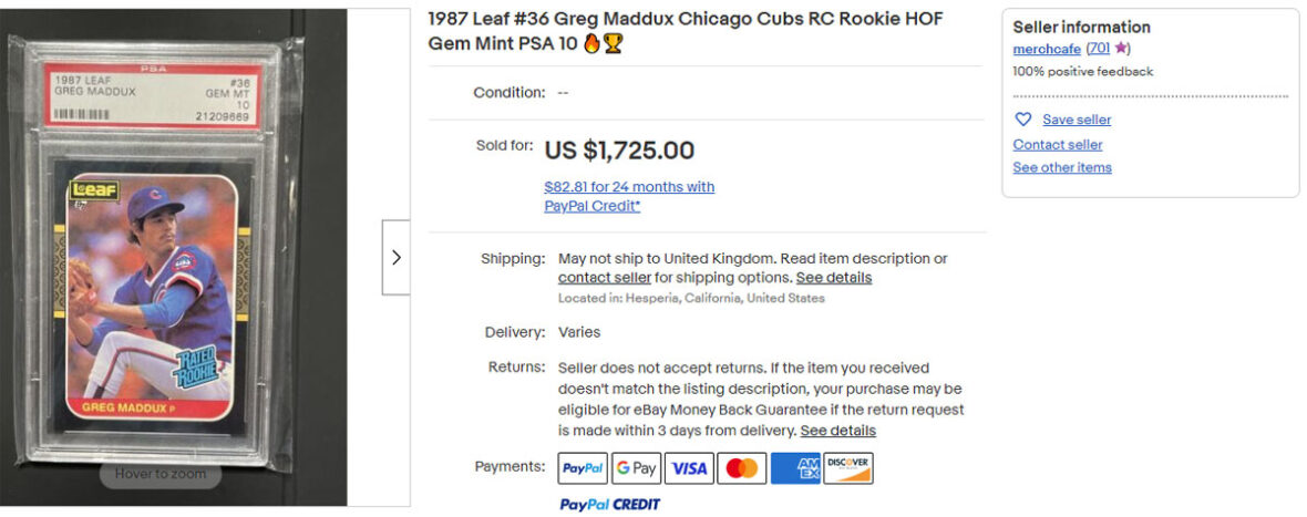 1987 Leaf #36 Greg Maddux Chicago Cubs RC Rookie HOF Gem Mint PSA 10