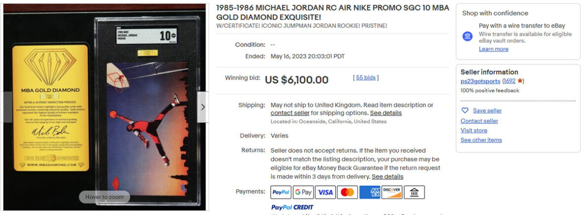 1985-1986 Michael Jordan RC Air Nike Promo SGC 10 MBA GOLD DIAMOND