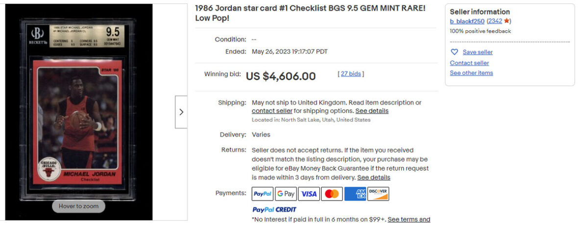 1986 Jordan star card #1 Checklist BGS 9.5 GEM MINT