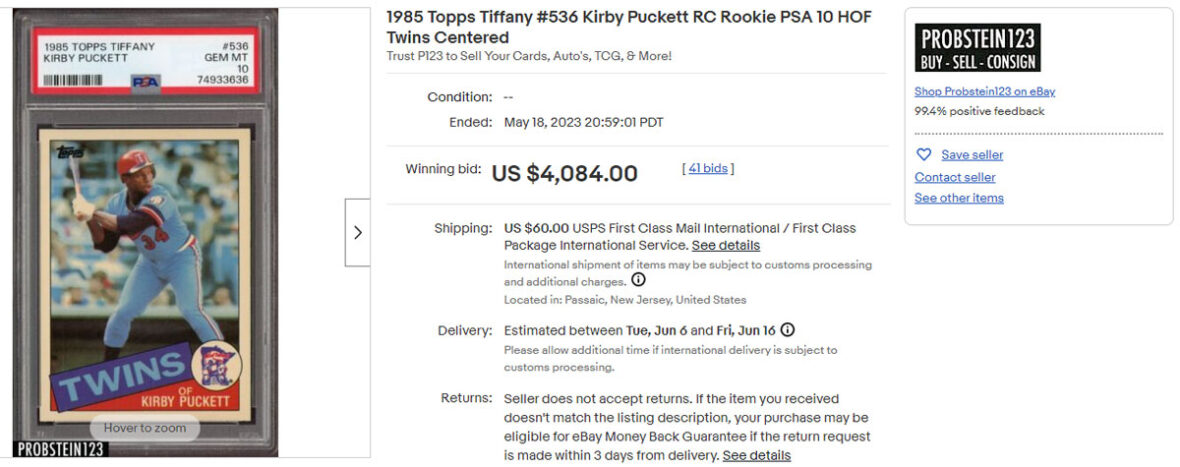 1985 Topps Tiffany #536 Kirby Puckett RC Rookie PSA 10 HOF Twins Centered