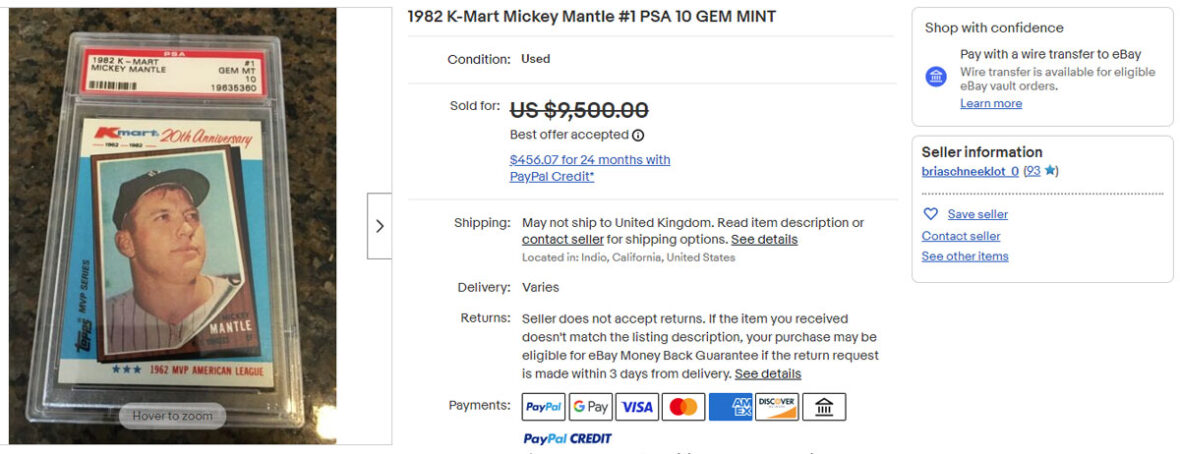 1982 K-Mart Mickey Mantle #1 PSA 10 GEM MINT