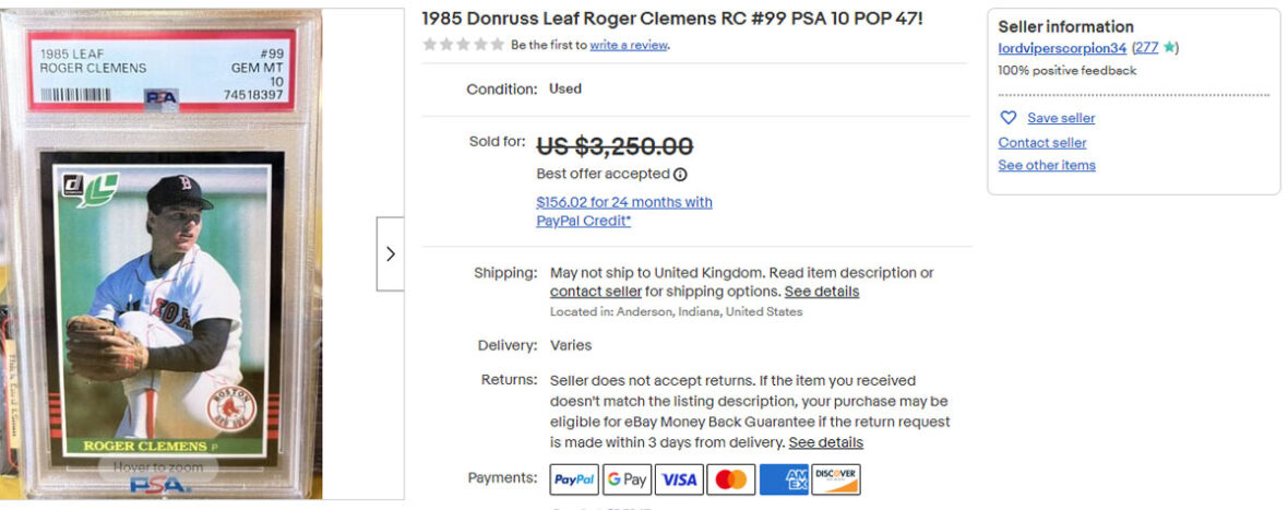 1985 Donruss Leaf Roger Clemens RC #99 PSA 10 POP 47!