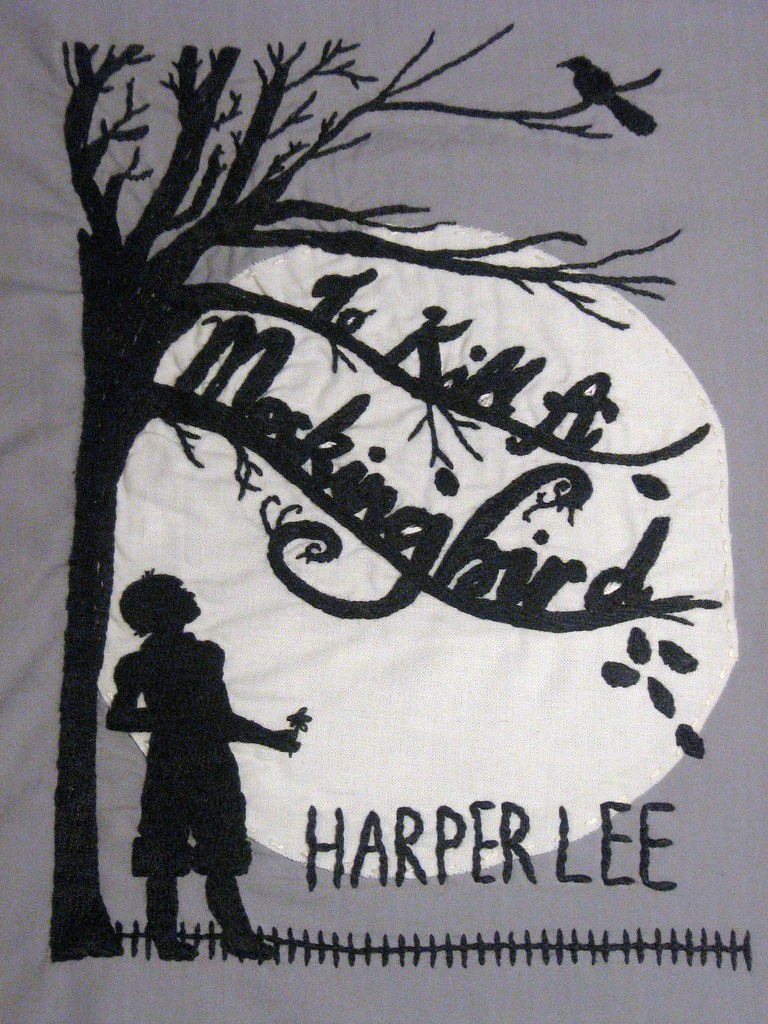 An embroidered copy of Harper Lee's To Kill a Mockingbird, one of the most popular novels of all time. 