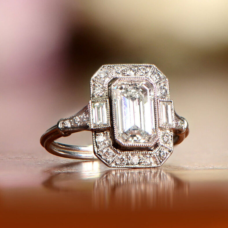 emerald white diamond art deco ring